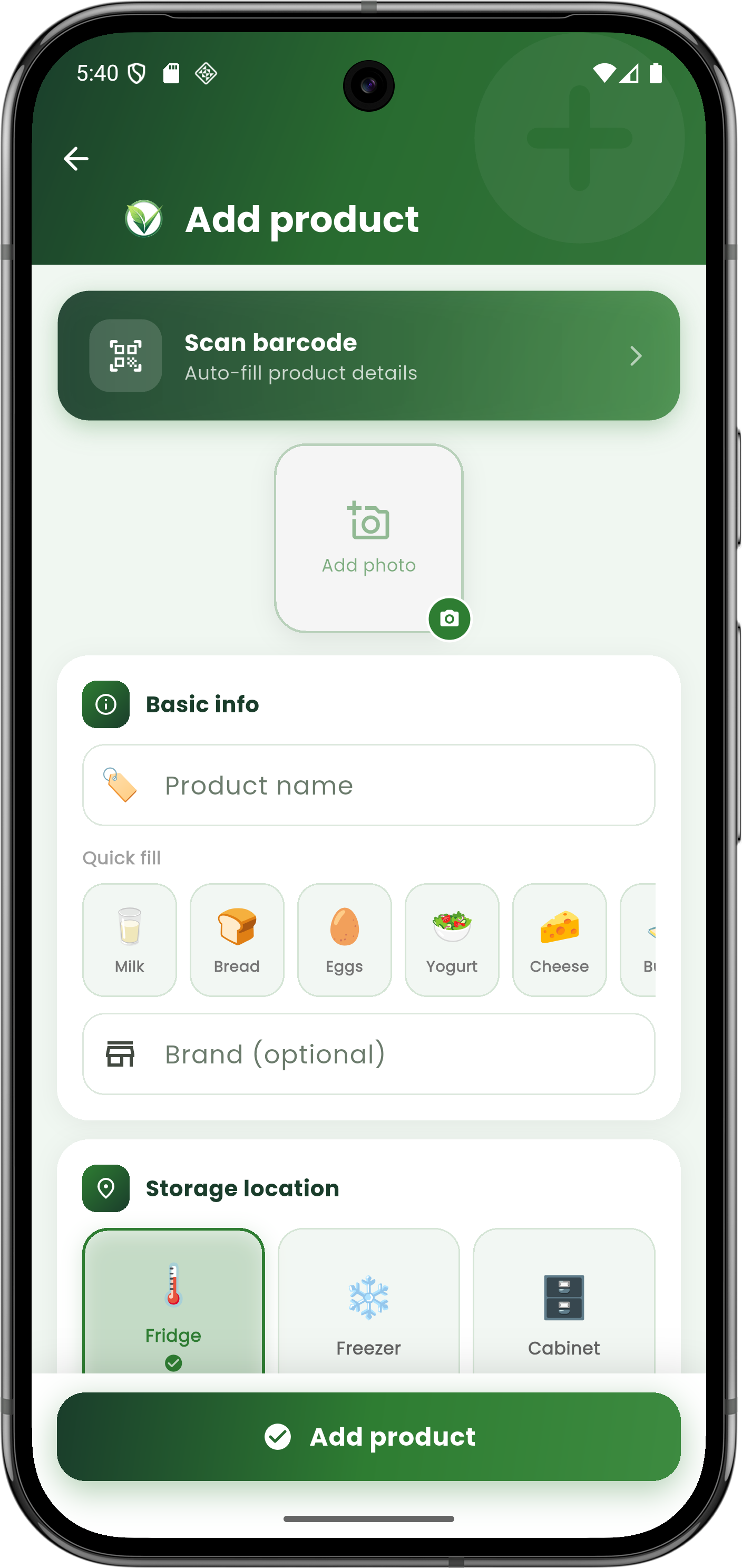 FreshGarant add product screen